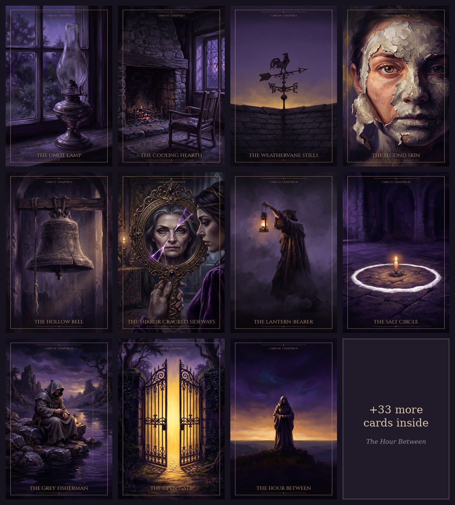 A grid of eleven cards from The Hour Between oracle deck, including The Unlit Lamp, The Cooling Hearth, The Second Skin, The Lantern-Bearer, The Salt Circle, and The Open Gate, in dusk-toned painterly art.